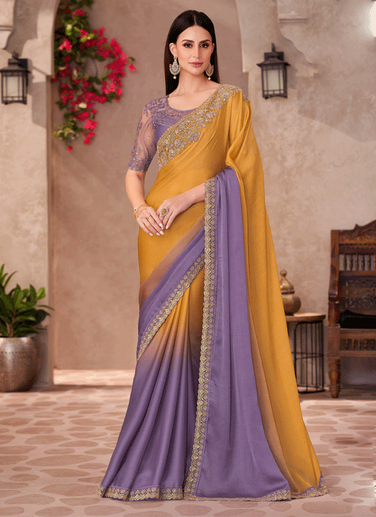 Striking Purple and Mustard Shadded Chiffon Heavy Designer Saree
