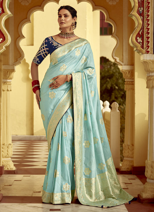 Ice Blue Dola Silk Wedding Saree with Embroidered Blouse