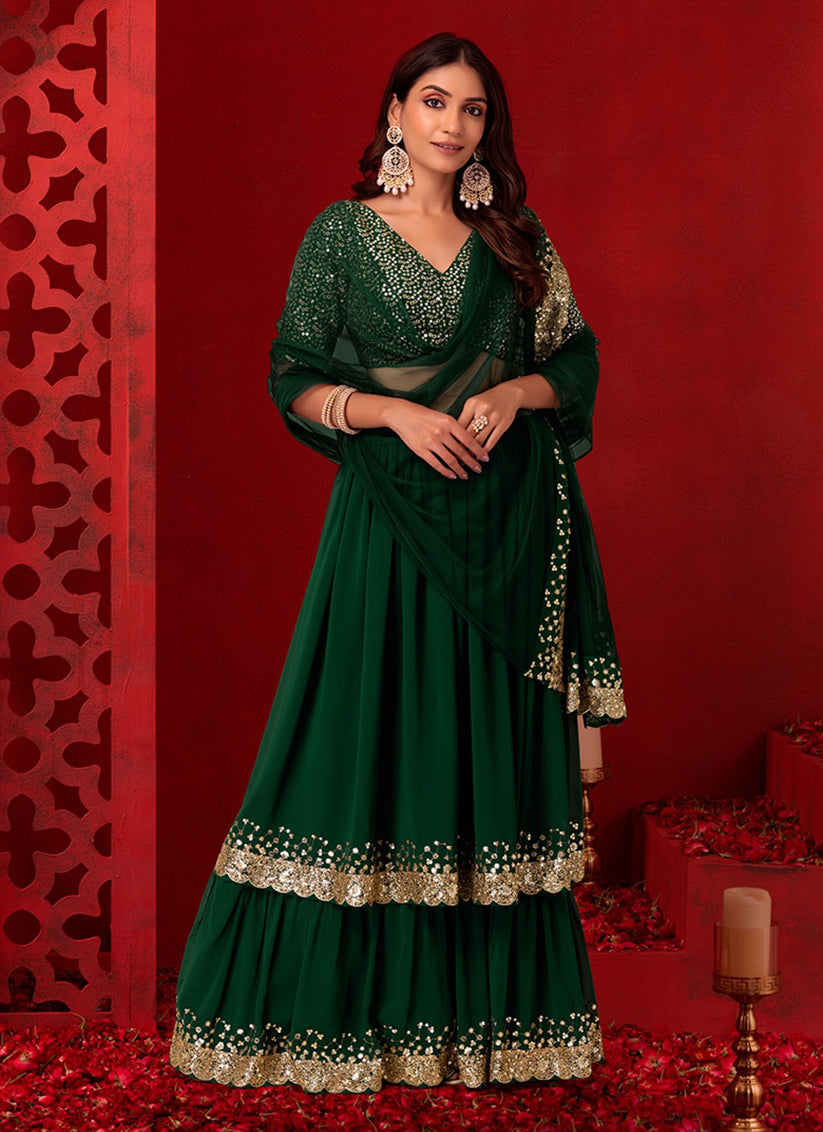 bottle green georgette sequins work lehenga choli
