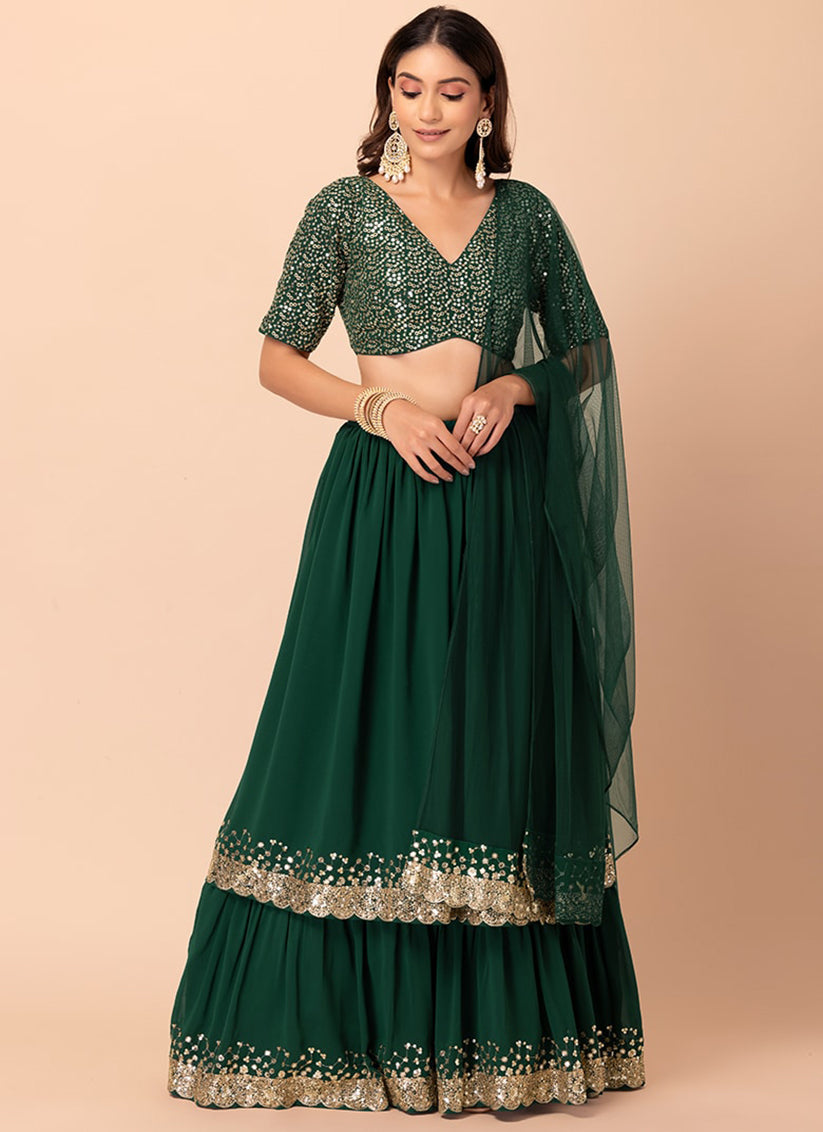bottle green georgette sequins work lehenga choli