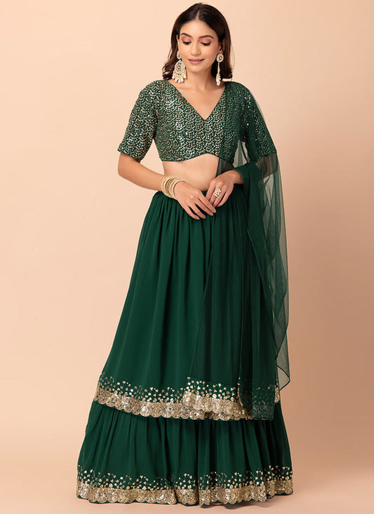 bottle green georgette sequins work lehenga choli
