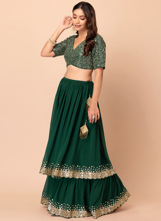 bottle green georgette sequins work lehenga choli