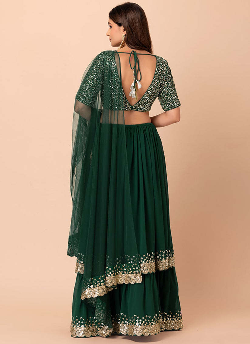 bottle green georgette sequins work lehenga choli