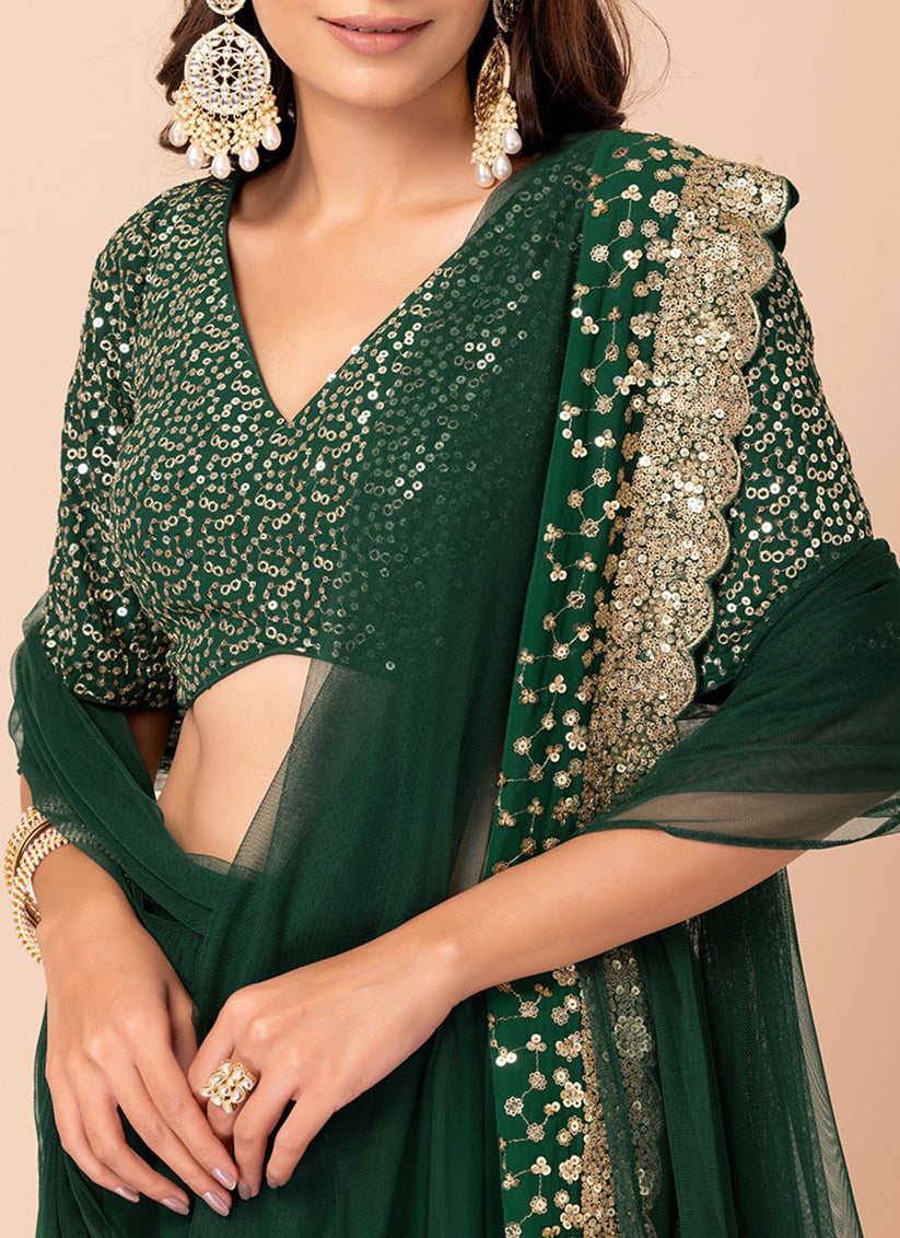 bottle green georgette sequins work lehenga choli