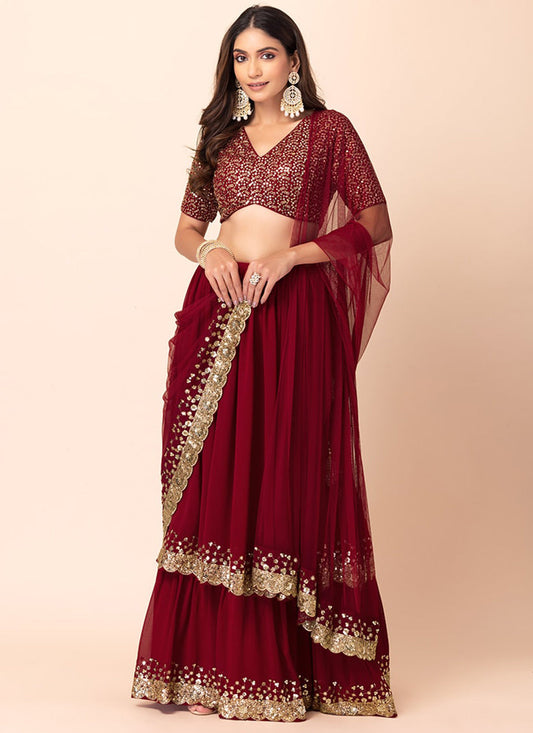 berry red georgette sequins work lehenga choli