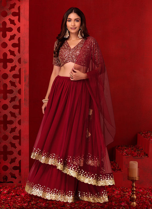 berry red georgette sequins work lehenga choli