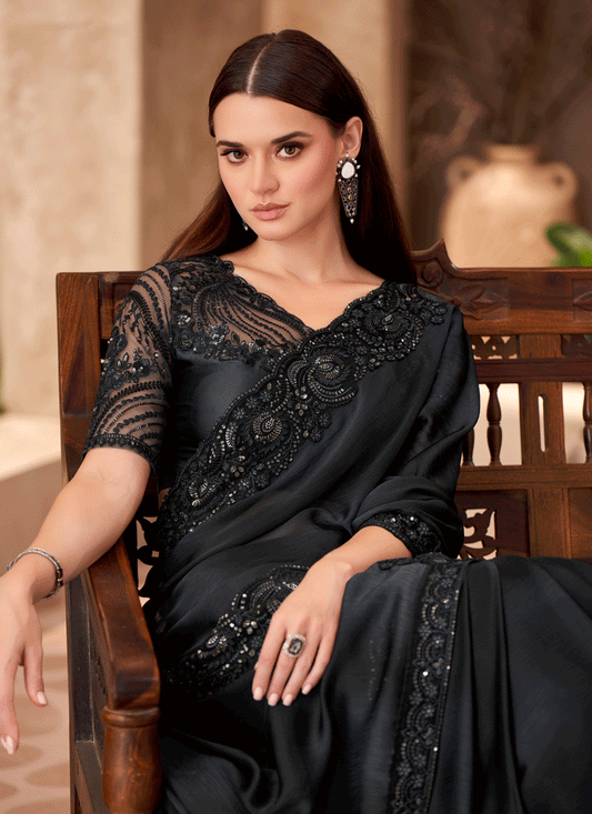 Vibrant Black Sparkle Chiffon Heavy Designer Saree