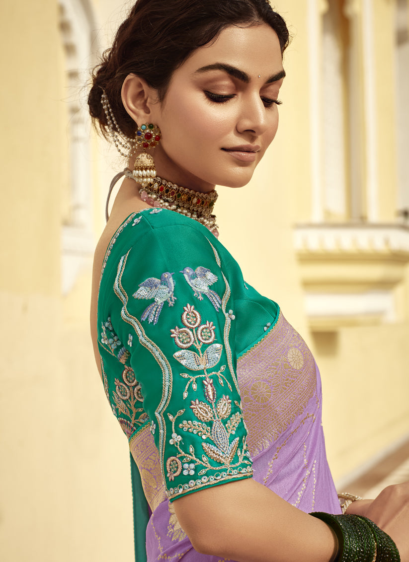 Lilac Dola Silk Wedding Saree with Embroidered Blouse