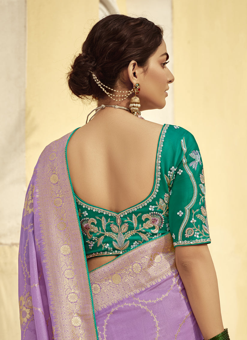 Lilac Dola Silk Wedding Saree with Embroidered Blouse