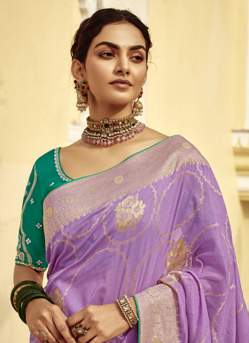 Lilac Dola Silk Wedding Saree with Embroidered Blouse