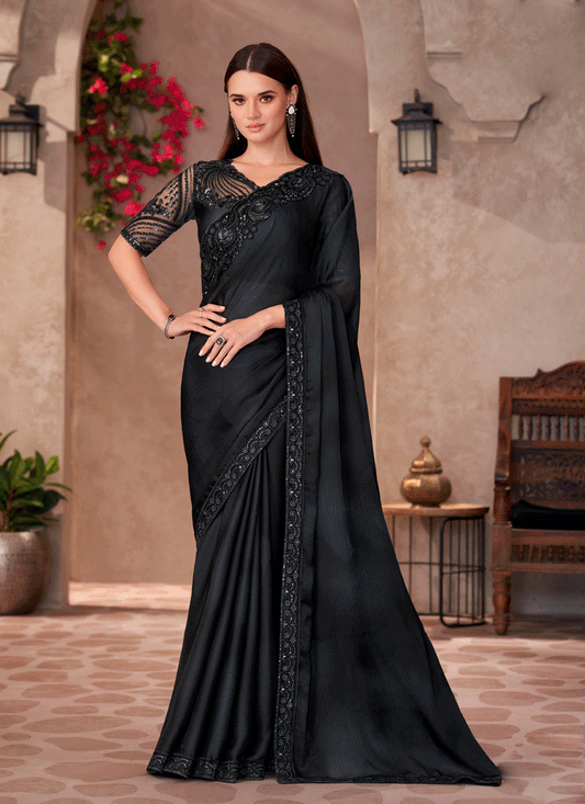 Vibrant Black Sparkle Chiffon Heavy Designer Saree