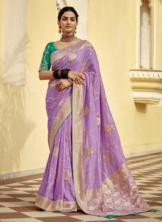 Lilac Dola Silk Wedding Saree with Embroidered Blouse
