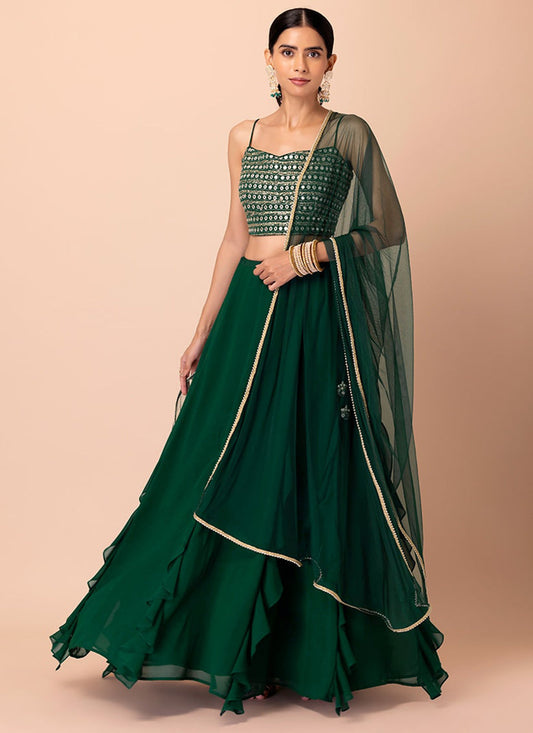 bottle green georgette sequins work lehenga choli
