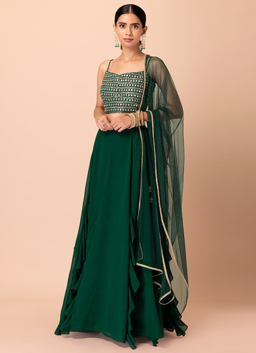 bottle green georgette sequins work lehenga choli