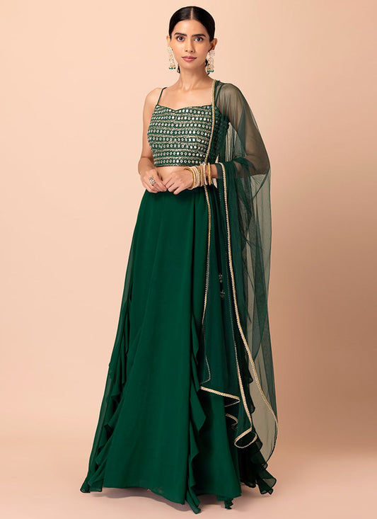 bottle green georgette sequins work lehenga choli