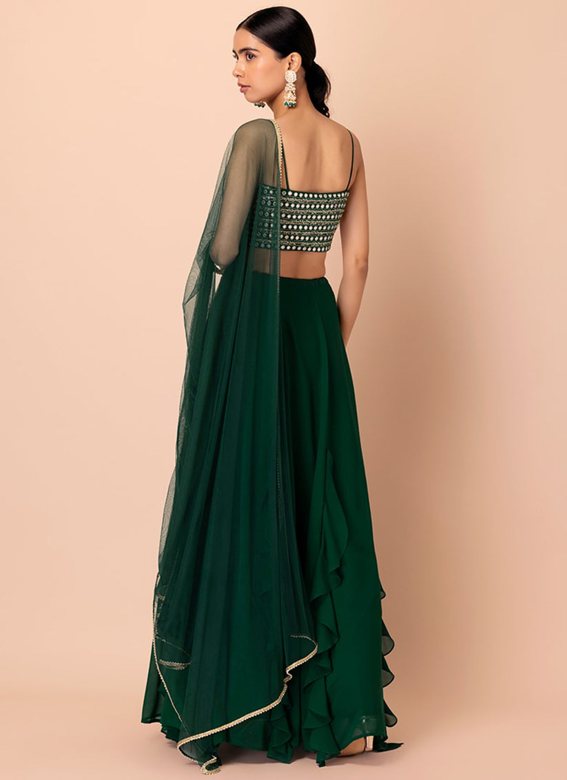 bottle green georgette sequins work lehenga choli