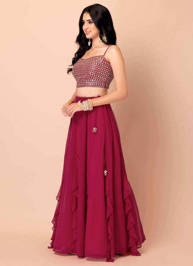 magenta georgette sequins work lehenga choli