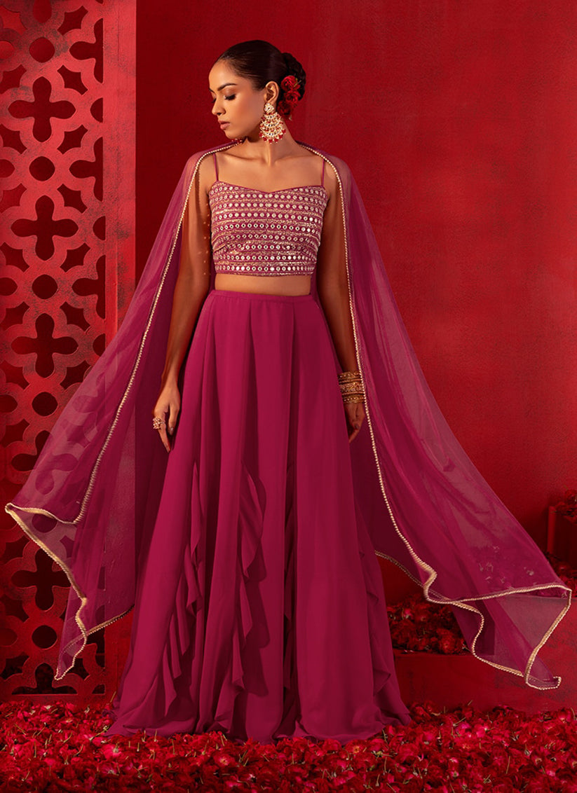 magenta georgette sequins work lehenga choli