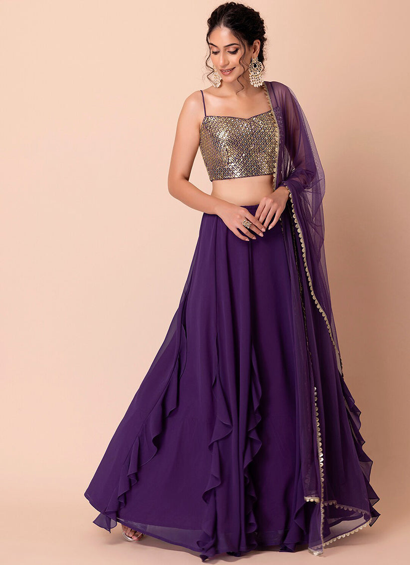purple georgette sequins work lehenga choli