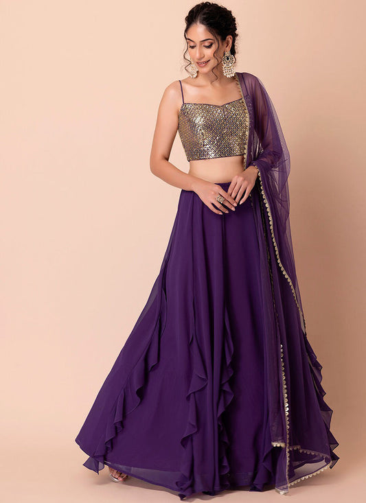 purple georgette sequins work lehenga choli
