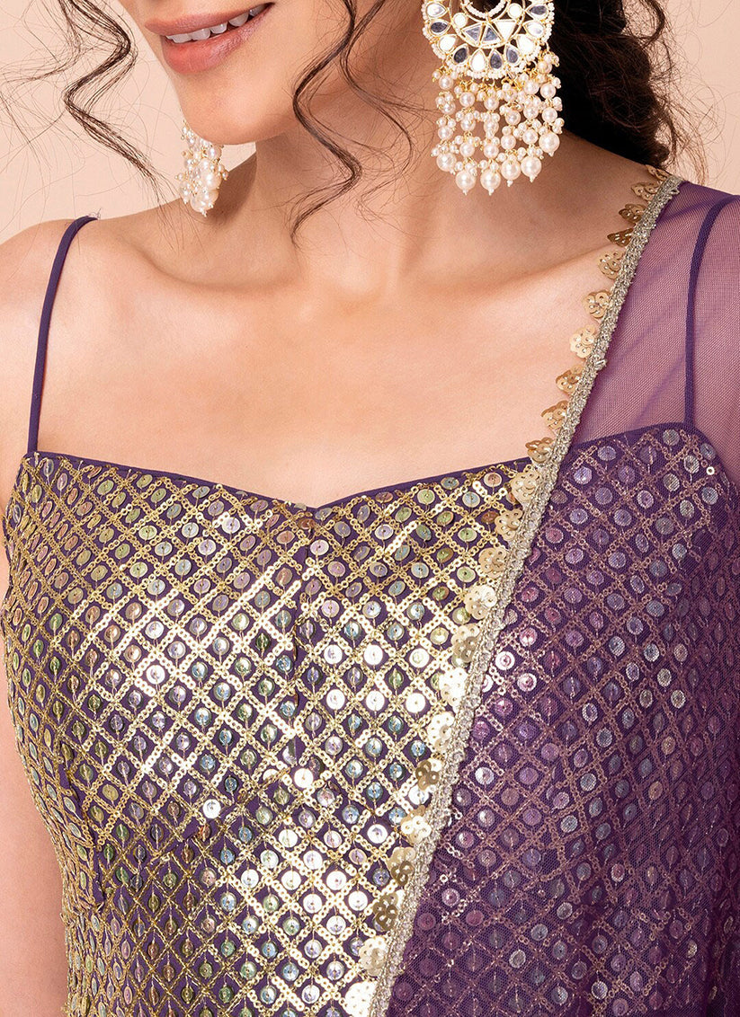 purple georgette sequins work lehenga choli