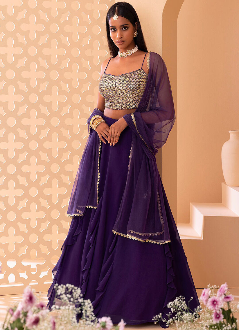 purple georgette sequins work lehenga choli