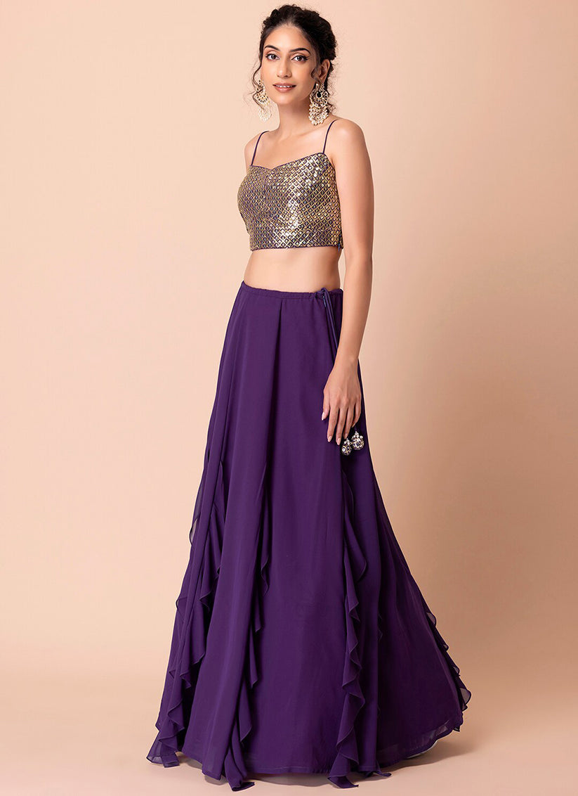 purple georgette sequins work lehenga choli