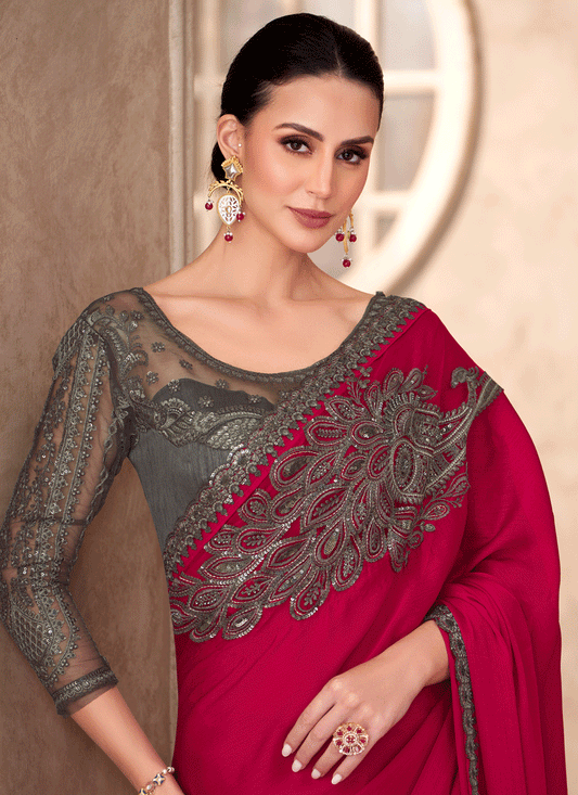 Sleek Cherry Chiffon Red Heavy Designer Saree