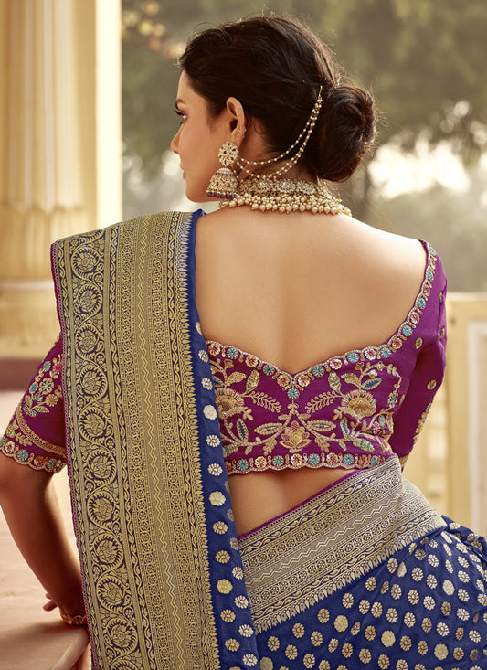 Navy Blue Dola Silk Wedding Saree with Embroidered Blouse