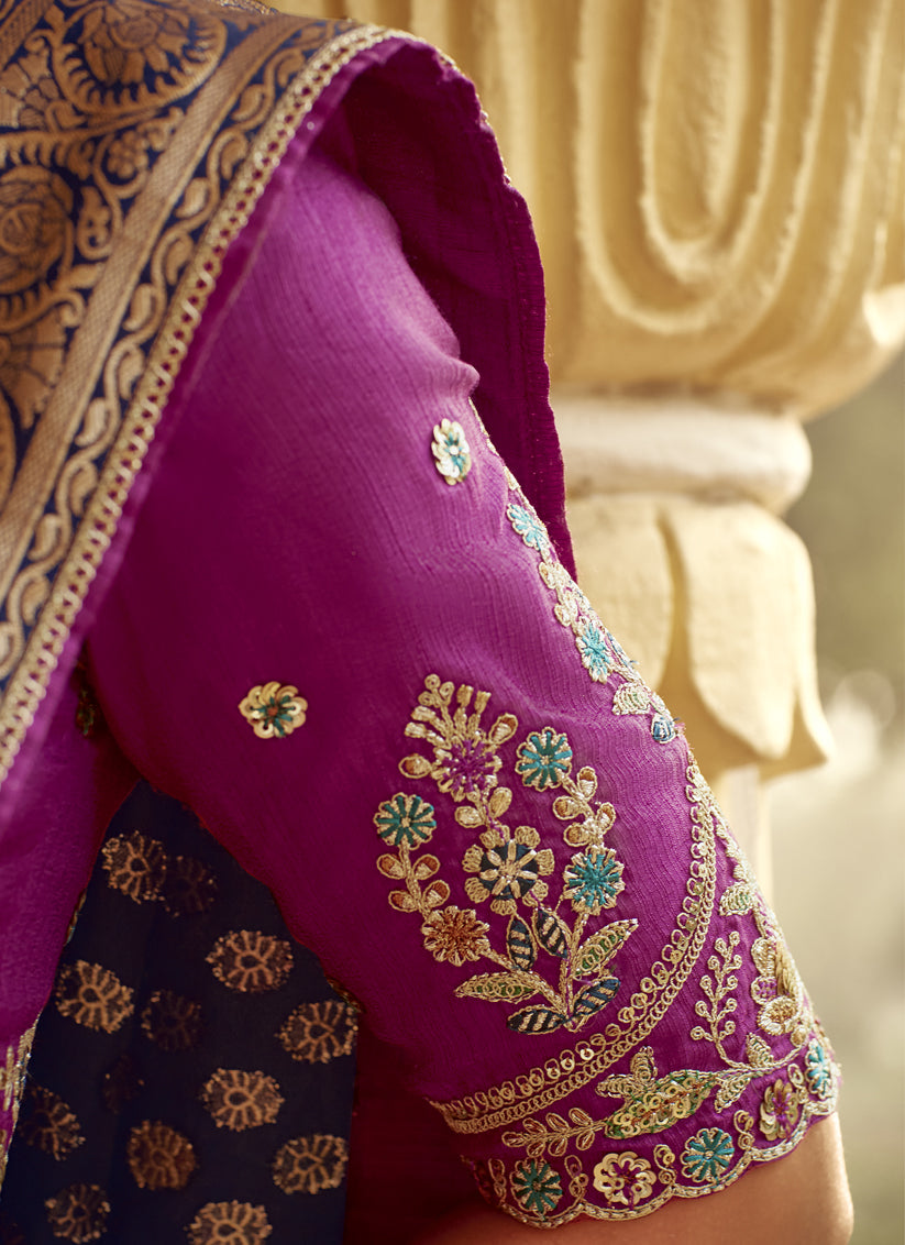 Navy Blue Dola Silk Wedding Saree with Embroidered Blouse