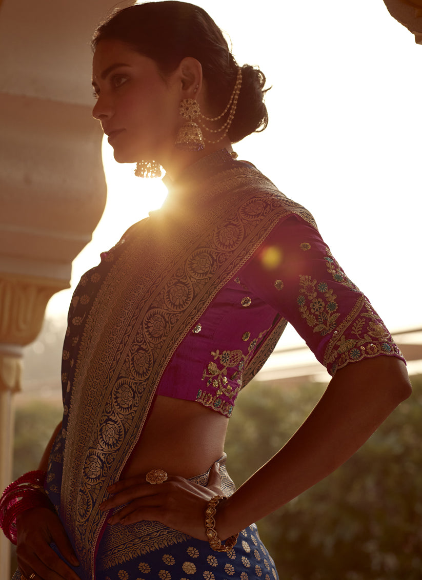 Navy Blue Dola Silk Wedding Saree with Embroidered Blouse