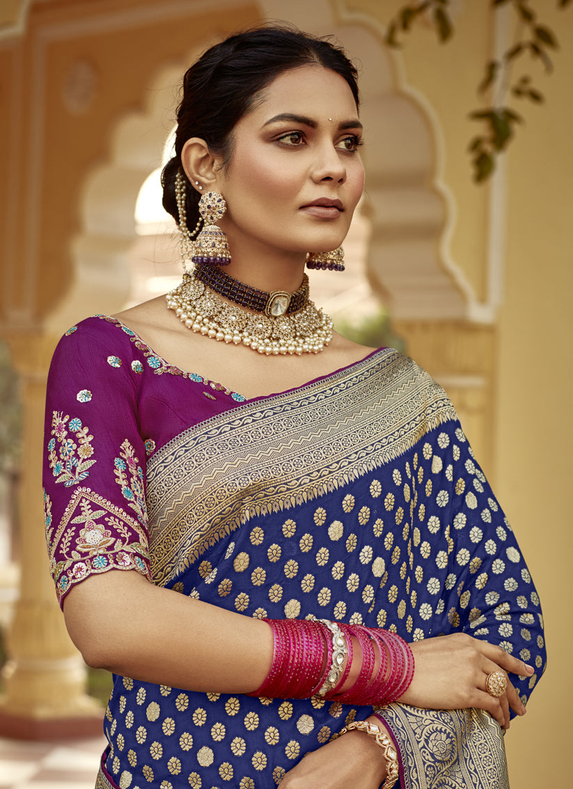 Navy Blue Dola Silk Wedding Saree with Embroidered Blouse