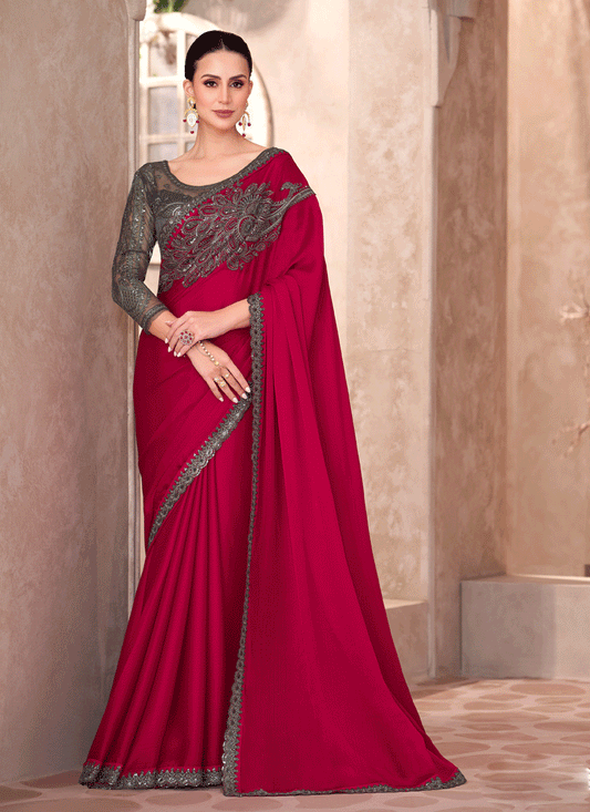 Sleek Cherry Chiffon Red Heavy Designer Saree
