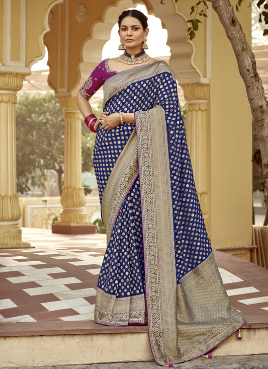 Navy Blue Dola Silk Wedding Saree with Embroidered Blouse