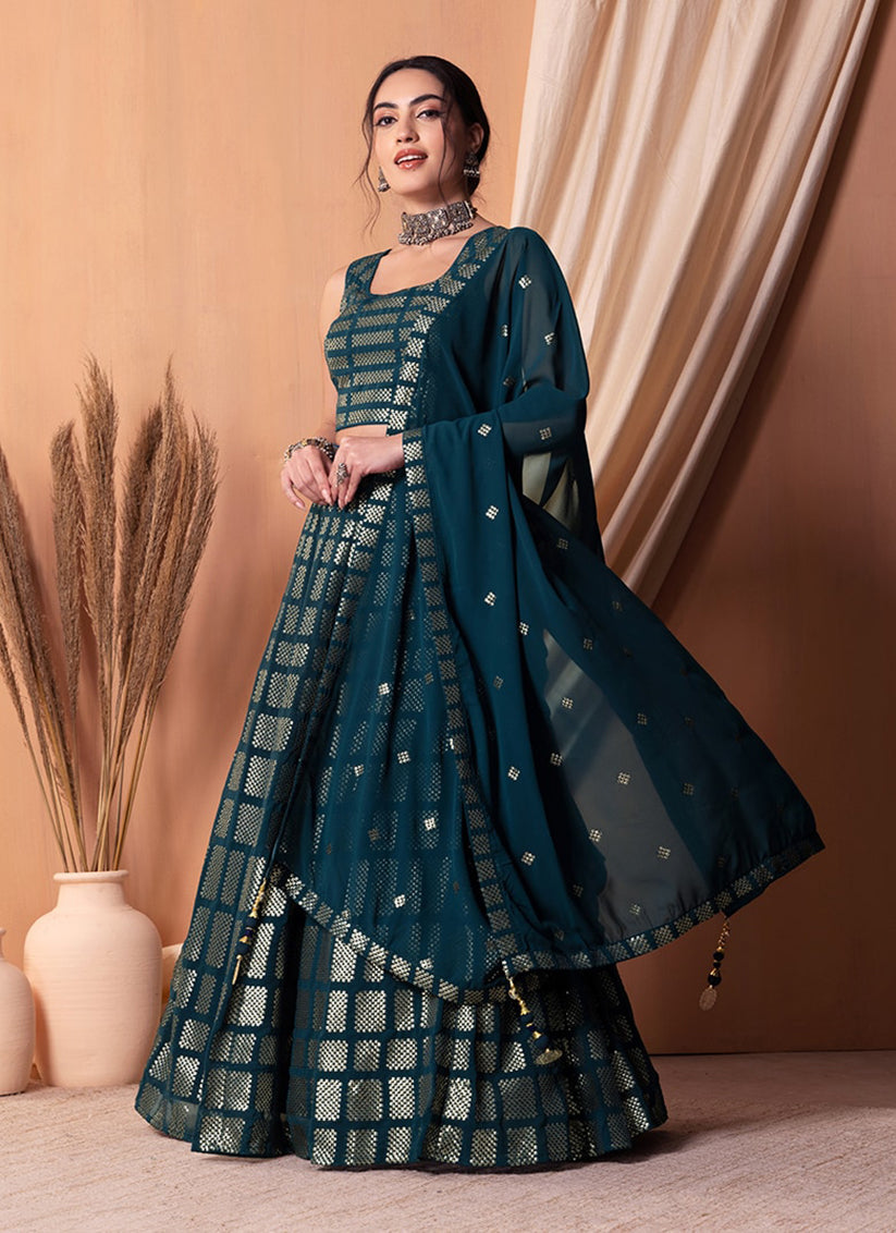 teal blue georgette sequins embroidered lehenga choli