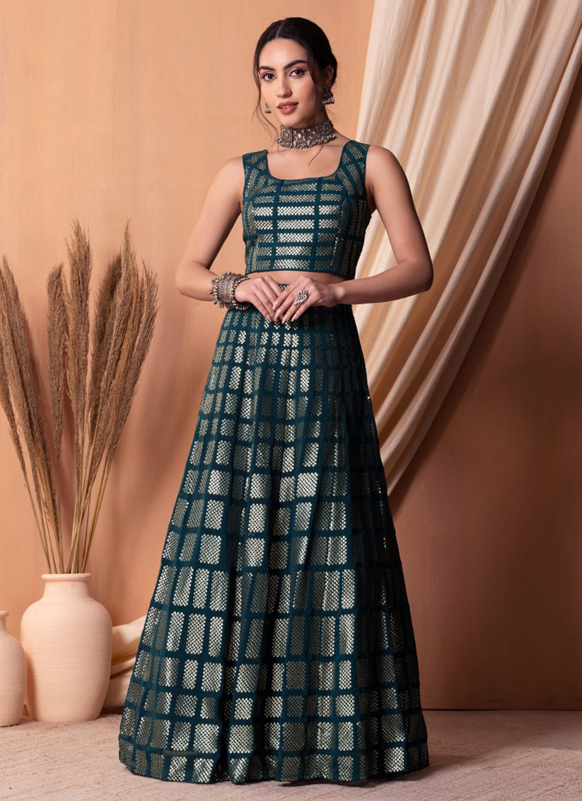 teal blue georgette sequins embroidered lehenga choli