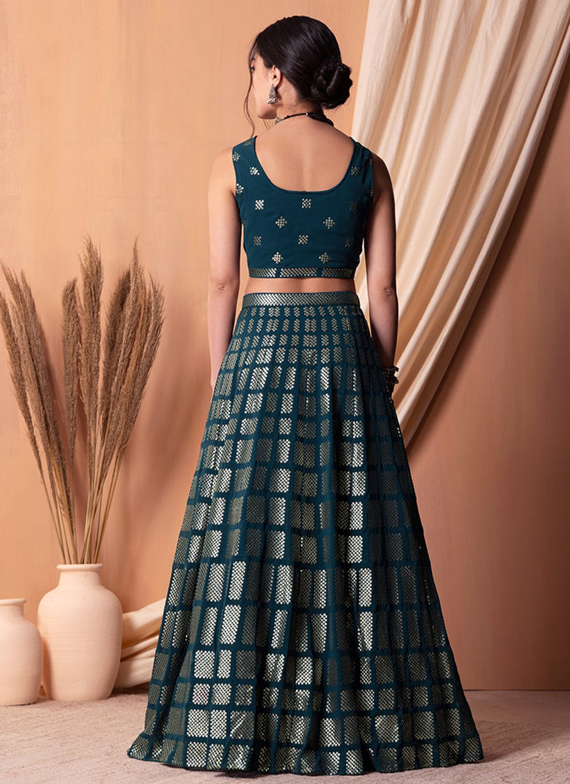 teal blue georgette sequins embroidered lehenga choli