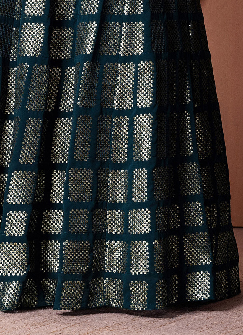 teal blue georgette sequins embroidered lehenga choli