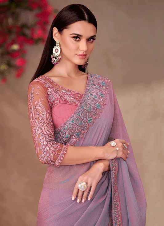 Opulent Dusty Lavender Shining Georgette Heavy Designer Saree
