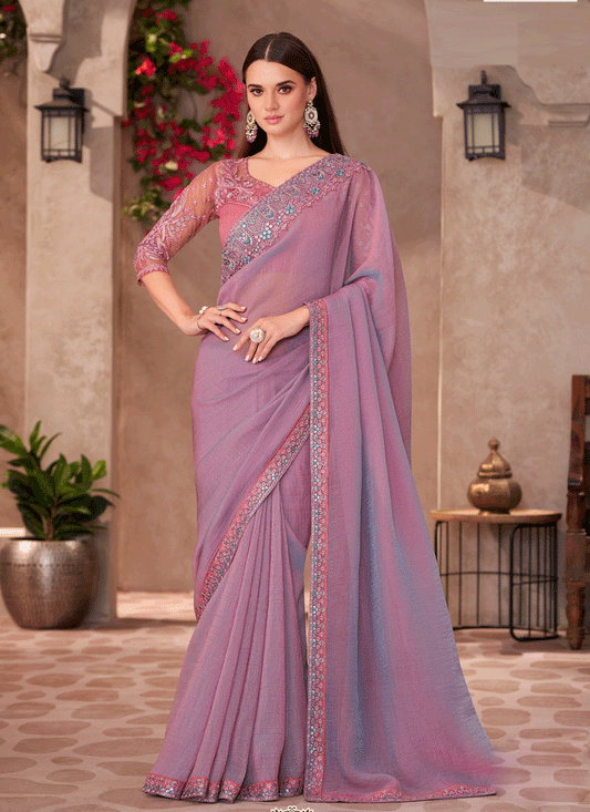 Opulent Dusty Lavender Shining Georgette Heavy Designer Saree