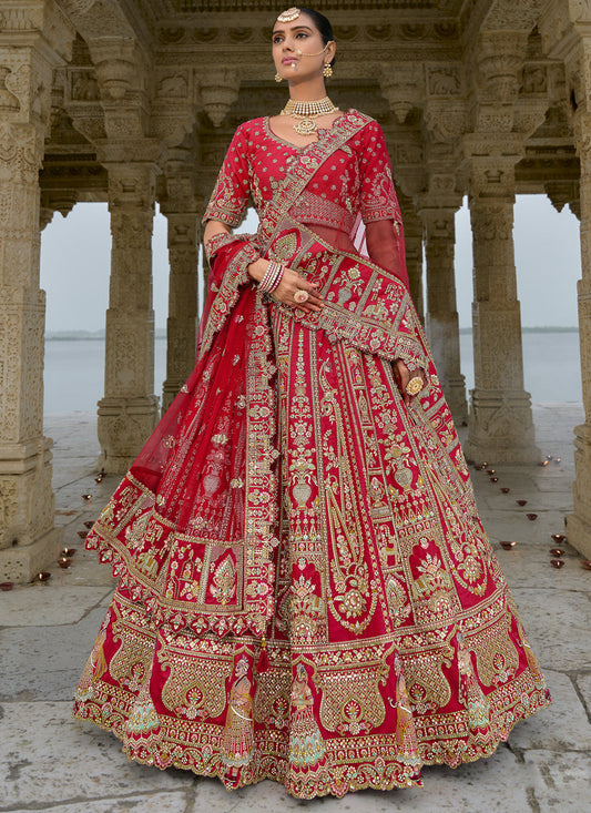 Hot Red Silk Embroidered Bridal Lehenga Choli