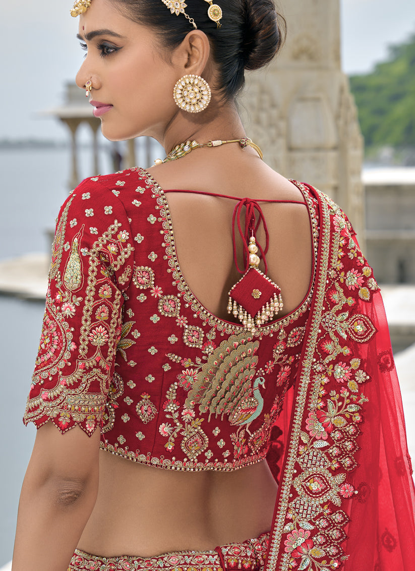 Crimson Red Silk Embroidered Bridal Lehenga Choli