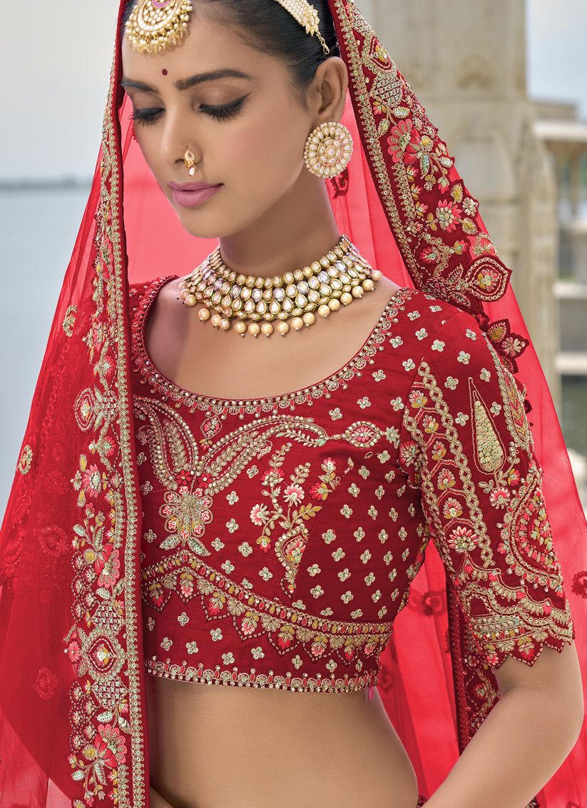 Crimson Red Silk Embroidered Bridal Lehenga Choli