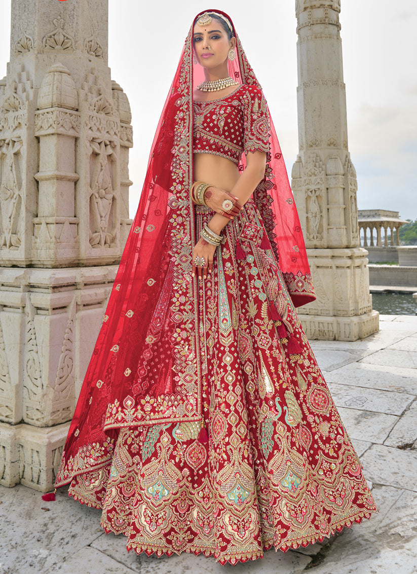 Crimson Red Silk Embroidered Bridal Lehenga Choli