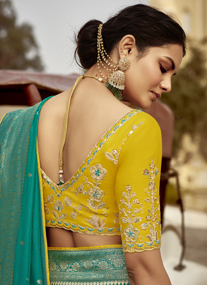 Teal Green Dola Silk Wedding Saree with Embroidered Blouse