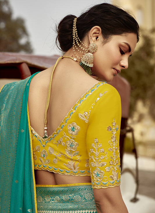 Teal Green Dola Silk Wedding Saree with Embroidered Blouse