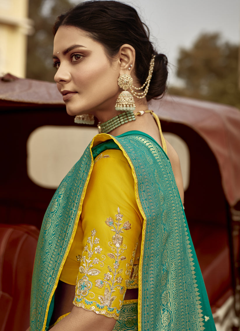 Teal Green Dola Silk Wedding Saree with Embroidered Blouse