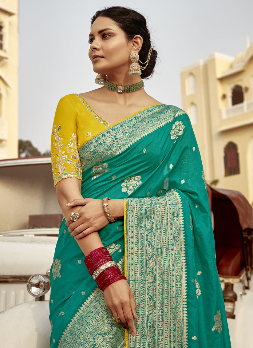 Teal Green Dola Silk Wedding Saree with Embroidered Blouse