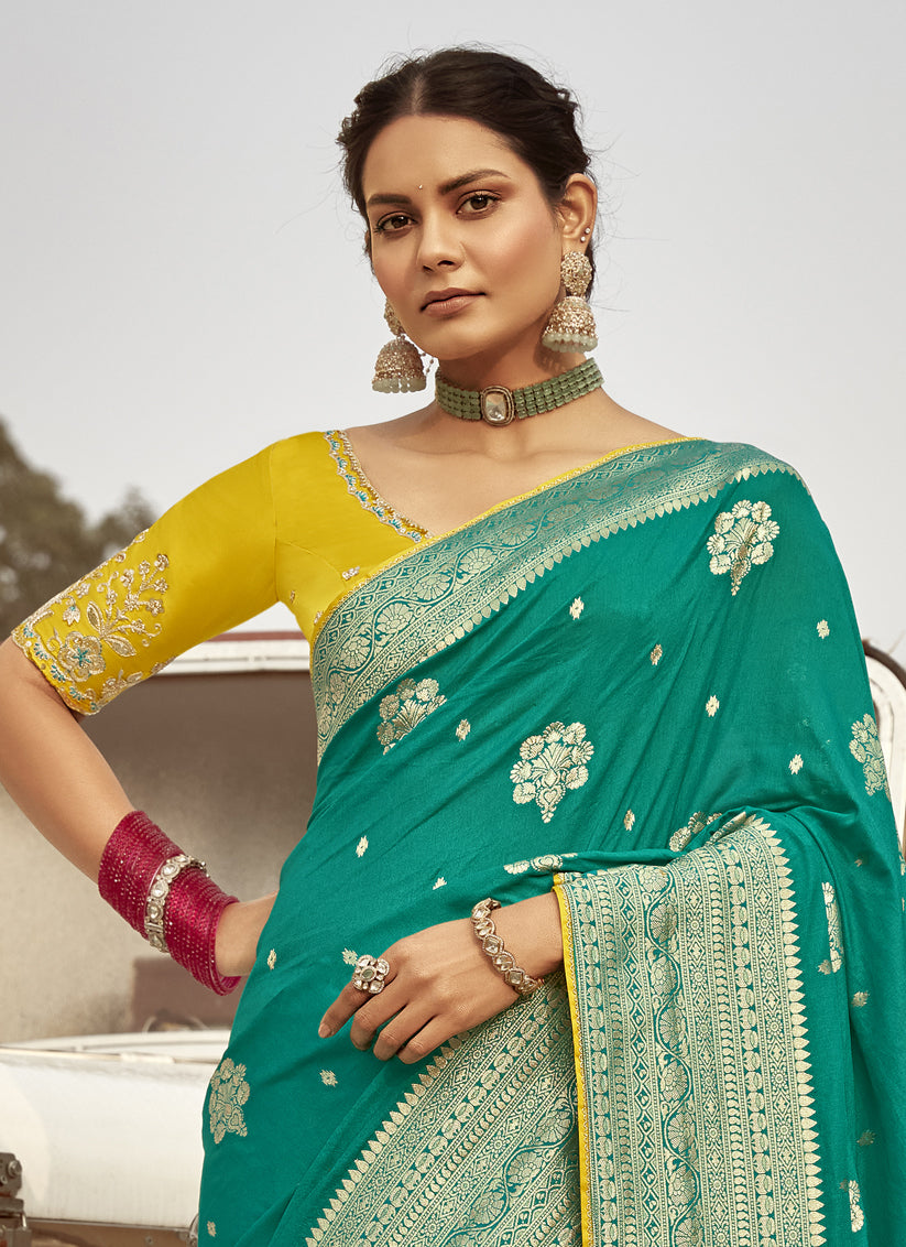 Teal Green Dola Silk Wedding Saree with Embroidered Blouse