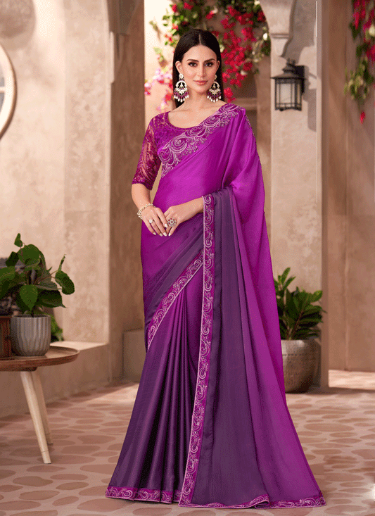 Fashionable Violet Chiffon Heavy Designer Saree